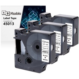 3 x Msudoku Compatible with Dymo D1 45013 45013s S0720530 12 mm x 7 m Label Tape for LabelManager 160 210D 280 360D 420P PnP Printers, Black on White