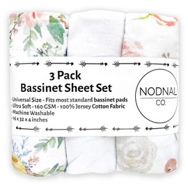 NODNAL CO. 3 Fitted Bassinet Sheets Set for Baby Girl - 100% OEKO-TEX Cotton Peonies & Roses - Pink Floral Boho Flowers - Cradle/Moses Basket, Hourglass, Oval, Rectangle Mattress Nursery Bedding Sheet