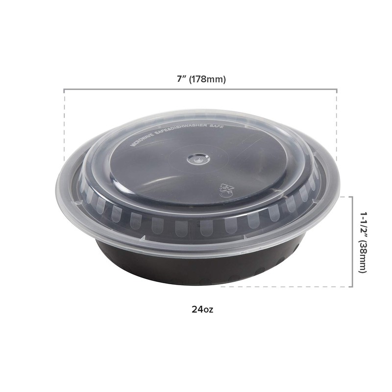 AmerCare 7 Inch Round Black Plastic Containers with Lids, 24