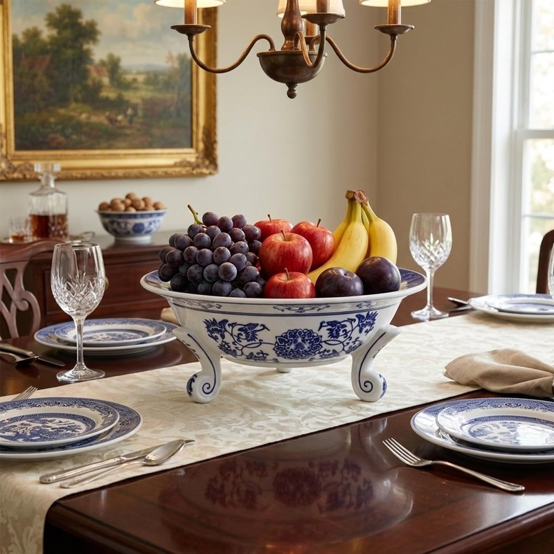 XINGYAN 10in Blue and White Ceramic Fruit Bowl,Chinoiserie Decorative Bowl,Three-Legged