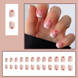 24Pcs Heart Press on Nails Short Square Fake Valentines Glue on White French Tip Acrylic Nude Pink Full Cover False for Women Stick on Nail Decoration Supplies