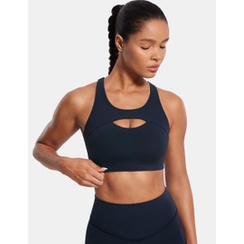 SYROKAN Hollow Out Breathable Sports Bras for Women High Support Molded Cup Training Wireless Racerback Bra Deep Sea Navy Medium
