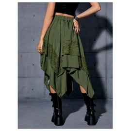 Verdusa Women's Renaissance Skirt Lace Flowy Fairy Skirt Y2k Layered Asymmetrical Midi Skirt Army Green Large