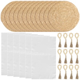 36-Piece Wicker Placemat Set, 12 Wooden Bead Napkin Rings, 12 Satin Napkins, 12 Handwoven Burlap Coasters, Round and Oval Designs, Ideal for Home Dining and Special Occasions