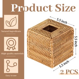 Kigley 2 Pcs 5.5'' x 5.5'' x 5.5'' Square Rattan Tissue Box Cover Boho Wicker Tissue Cube Box Cover Decorative Natural Wicker Hand Woven Napkin Box Holder Bathroom Office Car Accessories(Wood)