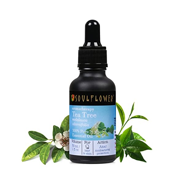 Soulflower Organic Tea Tree Essential Oil for Oily Skin & Itchy Scalp- Melaleuca Alternifolia- 100% Pure, Natural, Vegan, Cruelty Free, Premium Quality, Aromatherapy, Diffusion, 30ml/ 1 fl oz