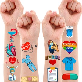 96 PCS Funny Nurse Temporary Tattoos Stickers Theme Medical Healthcare Birthday Party Decorations Favors Supplies Decor Nursing Doctor Tattoo Gifts For Kids Adults Boys Girls School Prizes Carnival