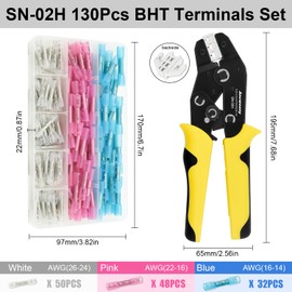 SN-02H Wire Crimping Tool Kit For Heat Shrink Connectors with 130PCS(3Colors/3Sizes) BHT Heat Shrink Butt Connectors Electrical Crimping Tool AWG26-14