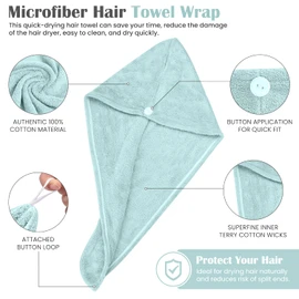 Glamza Microfibre Hair Towel Wrap Super Absorbing Twist Turban Hair Wrap with Buttons for Fast Drying Hair (3 PACK (LARGE) - GREEN)