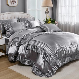 Silk Like Satin Comforter Set 8 Pieces Queen Comforter with Sheets Grey Satin Bed Set Luxury Bedding Bed in a Bag 1 Comforter 4 Pillowcasas 1 Flat Sheet 1 Fitted Sheet 1 Cushion Cover