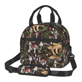 Ewozet Mushrooms Insulated Black Lunch Bag，Vintage Lunch Box For Men Women Adult，Flower Butterfly Dragonfly Reusable Cooler Lunch Tote Box With Shoulder Strap For Work Picnic Office Outdoor