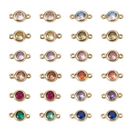 Pandahall 24Pcs Real 14K Gold Plated Cubic Zirconia Connector Charms 12 Colors Flat Round Crystal Rhinestone Link Charms Birthstone Charms for Bracelet Necklace Jewelry Making