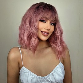 ZYYDSGO Pink Short Wavy Wig for Women Shoulder Length Bob Curly Women's Charming Bob Synthetic Wigs (Ombre Pink)