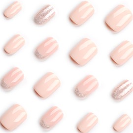 Cubahop 24pcs Square Fake Nails Nude False Nails Short GLITTER Press on Nails for Women and Girls