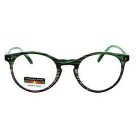 Round Keyhole Thin Plastic Horn Rim Tri-focal Progressive Reader Eyeglasses Green Pink Stripe 2.75
