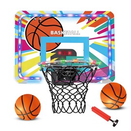 Indoor Basketball Hoop Pro for Kids,Glowing Rim，Over The Door Basketball Hoop Indoor with LED Light/Scoreboard/2 Balls- Upgraded Anti-Impact Backboard,Basketball Toys Gifts for 6-12 Year Old Boy
