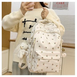 MININAI Cute Floral Printed Backpack for Women Preppy Kawaii Aesthetic Laptop Bookbag Coquette Work Travel College Daypack (Rose)