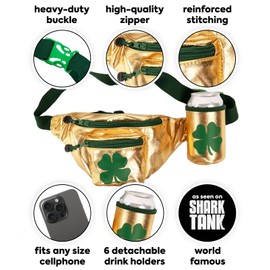 Tipsy Elves St Patrick's Day Fanny Pack - Large Unisex Zipper Pocket Travel Bag - Adjustable Strap Belt Bag Men Women, Lucky Gold, One Size, Lucky Gold Fanny Pack W/ 6 Drink Holders