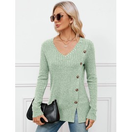 Akiooue Women's Long Sleeve Jumpers, Casual V Neck Sweater Tops Tshirts Plain Ladies Longline Winter Sweatshirts Light Green