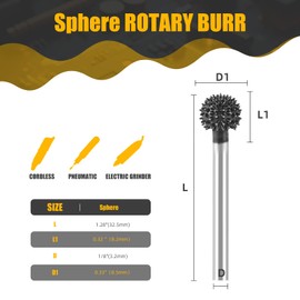 CAELUM 1 Pcs Sphere Rotary Burr Kit, 1/8" Shaft, Very Coarse - Woodworking Attachment for Dremel, Foredom, DeWalt, Milwaukee Tools, Carving Burrs for Carving Engraving in Wood, Rubber, Plastic
