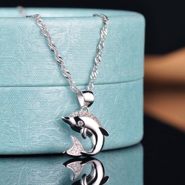 Yumilok Jewelry 925 Sterling Silver Cubic Zirconia Cute Dolphin Pendant Necklace for Women/Girls