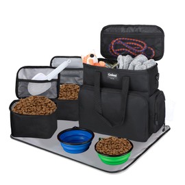 Dog Travel Bag Airline Approved–Pet Travel Tote with Collapsible Bowls,Food Containers & Feeding Mat–Multi-Pocket Organizer for Dogs & Cats, Durable & Water-Resistant for Hiking,Trips,Outdoors