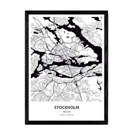 Nacnic Poster with map of Stockholm - Sweden. Sheets cities of northern Europe with seas and rivers in black color. A4 size