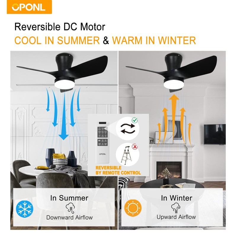 OPONL Black Ceiling Fan with Light 30inch, Large Air Volume,