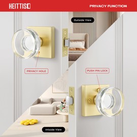 Heittis 1 Pack Crystal Privacy Door Knob,Heavy Duty Glass Door Handle Interior for Bathroom & Bedroom,Privacy Interior Gold Door Knob,Satin Brass Finished