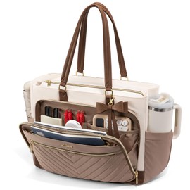 LOVEVOOK Laptop Tote Bag for Women, Work Bag Teacher Tote with Large Cup Holder, Quilted Nurse Diaper Bag for Travel, College Computer Women's handbags for Teacher gift, Khaki-beige-coffee, 15.6 Inch