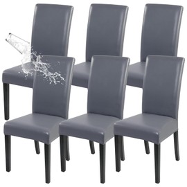 SearchI Waterproof PU Leather Dining Chair Covers Set of 6, Stretch Oilproof Parsons Chair Slipcovers Removable Washable Kitchen Chair Protector for Dining Room (Gray)