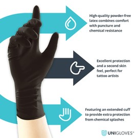 Unigloves Select Black Latex Extended Cuff GT0013 Single Use - Multipurpose, Powder Free Disposable Gloves, Optimised for Tattoo Artists, Box of 100 Gloves, Black, Medium