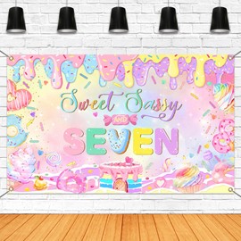 Mocsicka Donut 7th Birthday Banner Backdrop Sweet Sassy Seven Party Decorations Banner for Girls, Pink, 70.8x43.3 inch