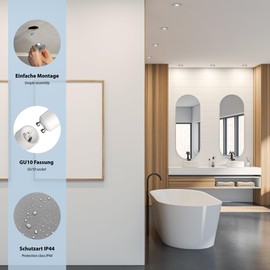 ledscom.de ERID Bathroom Ceiling Mounting Frames for Wet Rooms IP44 Round Matt Aluminium GU10 / MR16 / GU5.3 / 50 mm with GU10 Socket Pack of 6