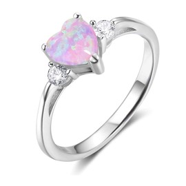 ACEFEEL 925 Sterling Silver Heart Shaped White Opal Engagement Promise Band Ring (B-Pink Opal, 3)