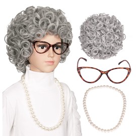 ColorGround ColorGround Kids Old Lady Gray Curly Cosplay Wig 100th Day of School with Pearl Necklace and Glasses