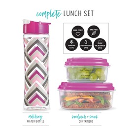 Fit & Fresh Insulated Lunch Bag Kit, includes Matching Bottle and Containers, Westport Magenta