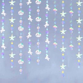 Iridescent Mermaid Birthday Party-Decorations Garland - 40FT Euphoria Under The Sea Jelly Fish Favors,Seashell Starfish Hanging Streamers Swirl,Little Mermaid Baby Shower Banner Decor Panduola