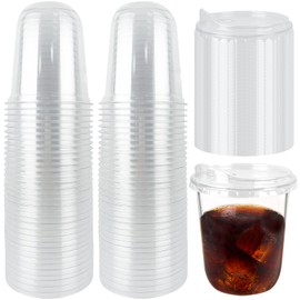 Foxtell 100 Pcs 16 Oz Clear Plastic Cups with Strawless Sip Lids Disposable Round Bottom Togo Cups for Iced Coffee Smoothie Beverage Cold Drinks Disposable Iced Coffee Cups for Party Catering BBQ