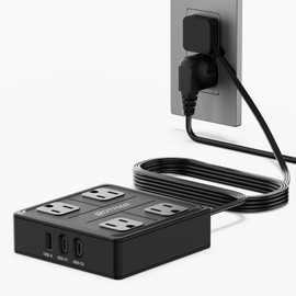 Flat Plug Power Bar with Surge Protector, 5 Ft Ultra-Thin Extension Cord, 4 Multi Outlets & 3 USB (2 USB-C), Surge Protector Power Strip, Wall Mount Charging Station for Home, Office & Dorm, Black