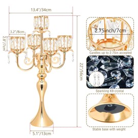 2 Pcs Kehail Gold 5 Arm Pendant Square Crystal Table Decor 22 inch Candle Holder, Classic and Elegant Table Centerpiece Atmosphere Candle Holders for Gift Wedding Party Home Decor