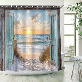 Ocean Beach Teal Barn Door Shower Curtain Hawaiian Sunset Scenery Sea Wave Retro Wooden Rustic Nature Art Printed Bathroom Decor Polyester Fabric Curtains with Hook 70Wx70H Inches