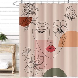 Uiiooazy Abstract Face Shower Curtain, Boho Arch Floral Mid Century Modern Minimalist Bath Curtain Mildew and Mould Proof Waterproof Polyester Fabric Opaque Bathroom Curtain with 12 Hooks 180Wx180Hcm