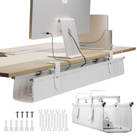 Ascrono Original No Drill Under Desk Cable Management Tray 40.6" - Premium White Fabric Cable Management Under Desk - Clamp/Screw Mount Cord Organizer - Supports Upto 66lbs - Large
