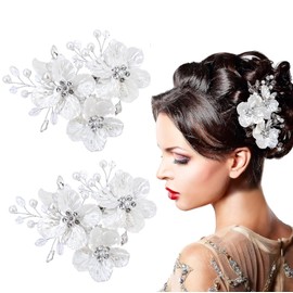 2Pcs Bride Wedding Pearl Hair Clips White Flower Hair Piece Rhinestone Shell Floral Bridal Hair Accessories for Women and Girls (Silvery, One Size)