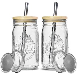 Icesip 32oz Glass Mason Cup with Bamboo Lids, 2Pack Wide Mouth Mason Jars, Boba Cups with Lids and Straw, for Iced Coffee Juice Milkshake Tea