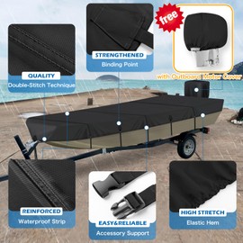 Solim 14FT Jon Boat Cover with Motor Cover, 900D PU Waterproof Heavy Duty Mooring Cover, Trailerable Marine Grade Polyester Canvas Replacement for Jon Boat 14' Long Beam Width Up to 70 in, Black