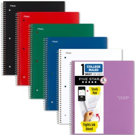 Five Star - Cuadernos en espiral con aplicacin de estudio, paquete de 6, 1 materia, papel rayado para universidad, 8-12 x 11, 100 hojas, combate la...