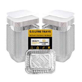 Superior Pack of 50 Aluminium Foil Containers with Lids - 0.5L Meal Prep Food Trays, Foil Trays for Baking, Roasting, Takeaway containers & Storage - Oven Safe, Leak Resistant