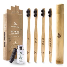 Greenzla Bamboo Toothbrushes, Wooden Toothbrush Set with Soft Bristles, Includes Travel Case and Charcoal Dental Floss, 4 Pack